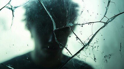 Close-up of a blurred human figure partially visible in a cracked mirror, only face and shoulders reflected under low light, symbolizing fractured identity, self-perception, and inner emotional 