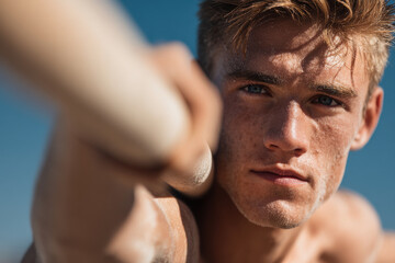 Fototapeta premium dynamic shot of pole vaulter captured in motion positioned on right side of frame