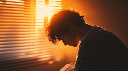 Close-up of a person sitting on the edge of a bed during golden hour, their back and lowered head lit by sunlight through blinds, symbolizing morning depression, fatigue, and emotional hesitation