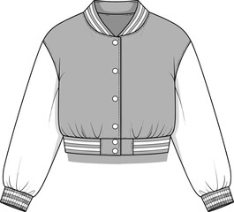 CAD drawing flat vector illustration of cropped varsity bomber jacket with striped ribbing, snap buttons, and color-block sleeves for fashion design