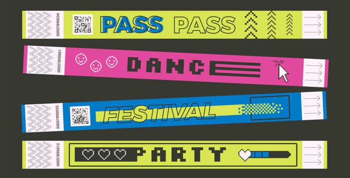 Event bracelet ticket set. Music festival, party, concert wristbands in retro rave style. Hand pass for nightclub access. Paper wrist band templates for y2k events. Vector security id on disco show.