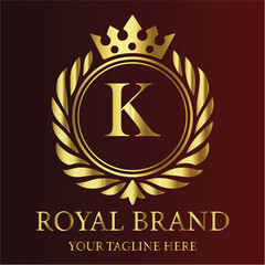 Royal brand logo gold letter K crown laurel