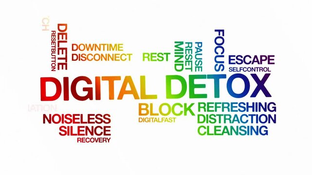 digital detox Animated Tag Word Cloud kinetic typography concept, Text Design Animation typography seamless loop video motion graphics Intro 4k, Word Art Looping Text effects lettering rainbow gradien