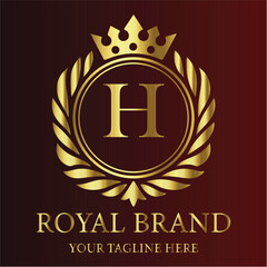 Royal brand logo gold letter H crown laurel