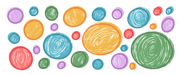 Round and circles shapes crayon with stroke set. Kids colorful chalk elements. Kindergarten fun polka dots hand drawn pattern. Vector handmade ellipse, round element collection on white background.