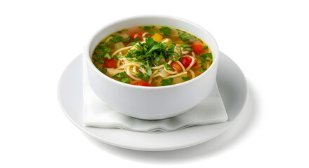 Hot Chicken Noodle Soup with Fresh Parsley Garnish Isolated on White Background