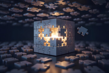A floating cube made of puzzle pieces, with one piece missing and drifting away, revealing a luminous portal inside the structure