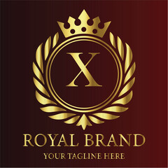 Royal brand logo gold letter X crown laurel