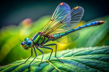 A colorful dragonfly perches on a lush green leaf its delicate wings catching the light in a detailed close up