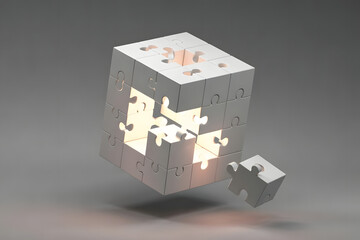 A floating cube made of puzzle pieces, with one piece missing and drifting away, revealing a luminous portal inside the structure
