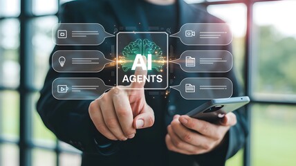AI Agents: A businessman, his finger precisely interacting with a digital interface showcasing Artificial Intelligence Agents
