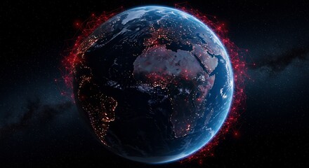 Obraz premium Earth at Night with Red Network Overlay in Starry Space