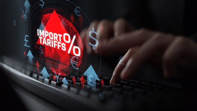 Digital Representation of Trade Tariffs, Import Taxes, and Economic Growth Symbols on Keyboard with Red Graphs and Global Financial Elements. Consignment.