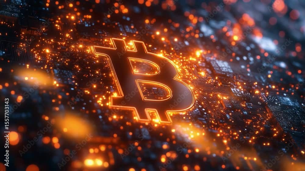Poster bitcoin's digital realm: an evocative image of the bitcoin symbol blazing with the intensity of digi