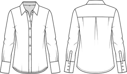 CAD drawing flat vector illustration of women’s button-down shirt with collar, cuff details, topstitching, back yoke, technical fashion sketch