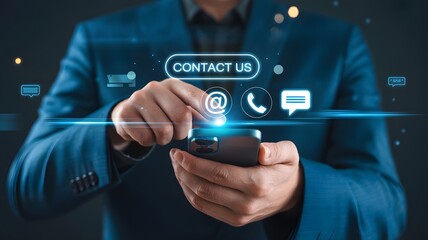 Fototapeta premium Digital Contact and Communication: A businessman, illuminated in a soft glow, engages with a digital interface showcasing contact options, signifying connection and support. 
