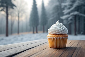A vanilla cupcake with white frosting sits on a wooden table in a snowy winter landscape