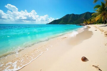 Serene Turquoise Waters Lap Gently on Sun-Kissed Shore, Shells Scattered Across Sandy Beach Perfect Relaxing Holiday Escape