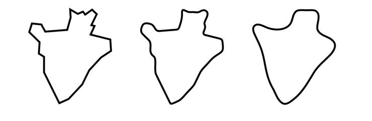 Burundi country black outline silhouettes in three different levels of smoothness. Simplified maps. Vector icons isolated on white background.