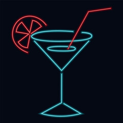 Neon picture. A martini glass with a fruit slice. On a dark background, a glowing neon silhouette is drawn in a vector.
