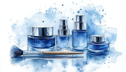 Blue cosmetic products.  Watercolor style illustration of  various containers and a brush