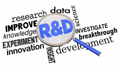 R&D Magnifying Glass Research and Development Find Innovation Science 3d Illustration