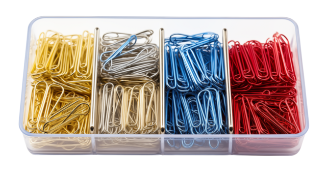 A plastic container filled with gold silver blue and red paper clips neatly organized by color