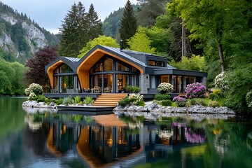 Obraz premium Waterfront house featuring modern angular design high resolution picture