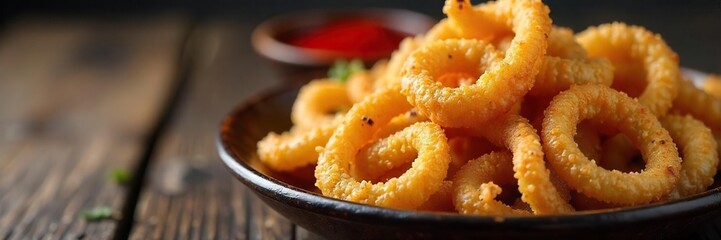 Crispy Golden Calamari Rings A Delicious Seafood Appetizer Served Hot on Rustic Wood