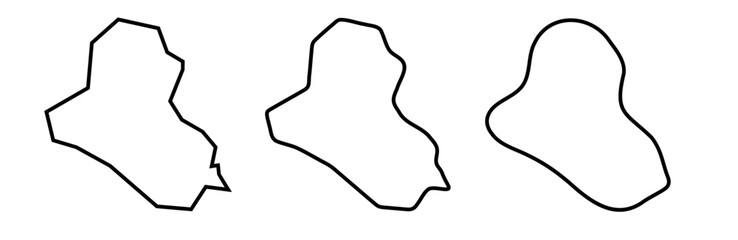 Iraq country black outline silhouettes in three different levels of smoothness. Simplified maps. Vector icons isolated on white background.