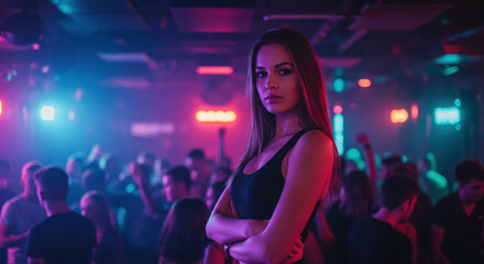 Woman in black top at nightclub with purple and blue neon lights and crowd. Party atmosphere for entertainment venues and nightlife marketing campaigns