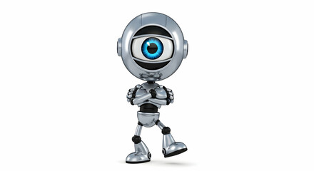 Single eyed robot standing with arms crossed on a white background in a studio shot looking forward