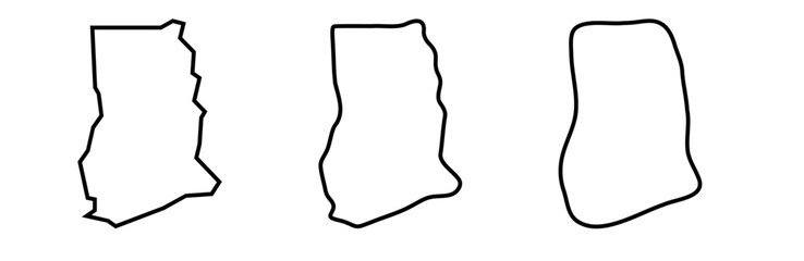 Fototapeta premium Ghana country black outline silhouettes in three different levels of smoothness. Simplified maps. Vector icons isolated on white background.