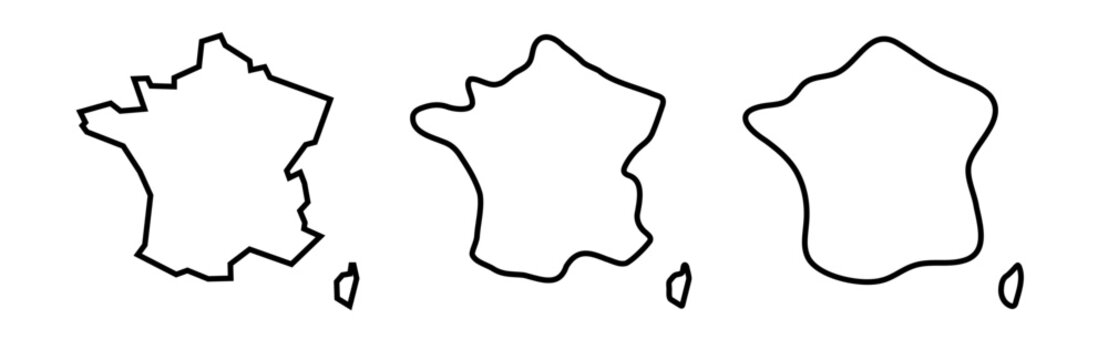 France country black outline silhouettes in three different levels of smoothness. Simplified maps. Vector icons isolated on white background.
