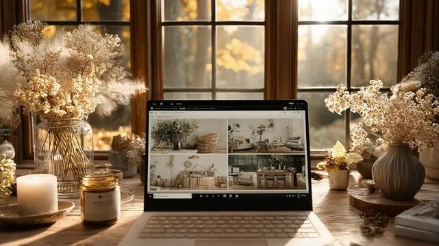 Cozy Workspace: Laptop, Candles and Flowers by the Window for Study and Inspiration