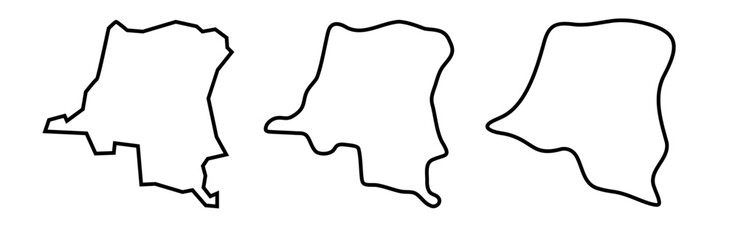 Democratic Republic of the Congo country black outline silhouettes in three different levels of smoothness. Simplified maps. Vector icons isolated on white background.