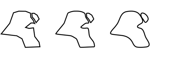 Kuwait country black outline silhouettes in three different levels of smoothness. Simplified maps. Vector icons isolated on white background.