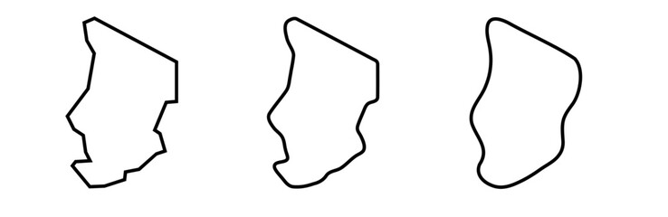 Chad country black outline silhouettes in three different levels of smoothness. Simplified maps. Vector icons isolated on white background.