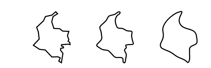 Colombia country black outline silhouettes in three different levels of smoothness. Simplified maps. Vector icons isolated on white background.