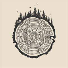 Round tree trunk cut with trees, forest and birds. Sawn pine or oak slice, lumber. Saw cut timber, wood. Brown wooden texture with tree rings. Hand drawn sketch. Vector illustration