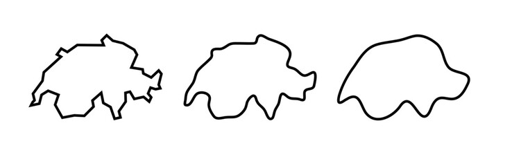 Switzerland country black outline silhouettes in three different levels of smoothness. Simplified maps. Vector icons isolated on white background.