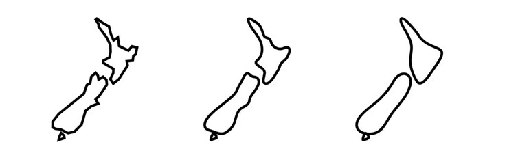 New Zealand country black outline silhouettes in three different levels of smoothness. Simplified maps. Vector icons isolated on white background.