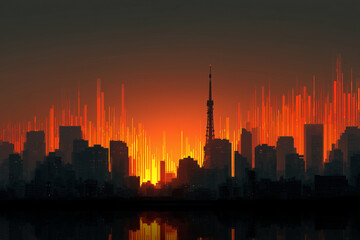 Fototapeta premium Japanese city skyline at sunset with futuristic data graphics overlay, smart city style