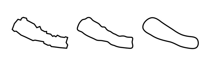 Nepal country black outline silhouettes in three different levels of smoothness. Simplified maps. Vector icons isolated on white background.