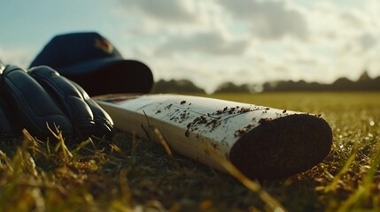 Close up of a cricket bat resting on the ground with scuff marks surrounded by a cap gloves and grass highlighting the intense match that just concluded under a bright sky