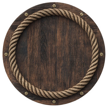 Rustic wooden circle with rope border features aged, textured wood, transparent background