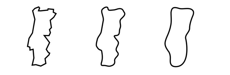 Portugal country black outline silhouettes in three different levels of smoothness. Simplified maps. Vector icons isolated on white background.