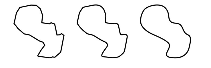 Paraguay country black outline silhouettes in three different levels of smoothness. Simplified maps. Vector icons isolated on white background.