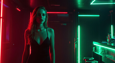 Woman in black dress with choker at nightclub bar with red and green neon lighting. Glamorous party scene for entertainment industry promotional materials