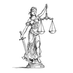 Lady Justice statue, symbol of law and order.  Elegant figure of justice holding scales and sword.  Illustrative representation of legal system, perfect for law firms, courtrooms,